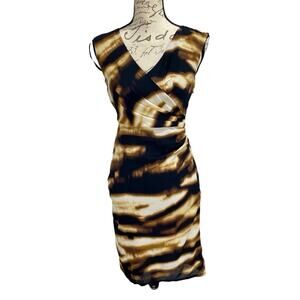 Y2K Ann Taylor Ruched Silk Sheath Mini Dress Black Brown Abstract Print Sz 0